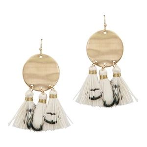 Gold Circle Earrings w/ White Feathers and Tassels